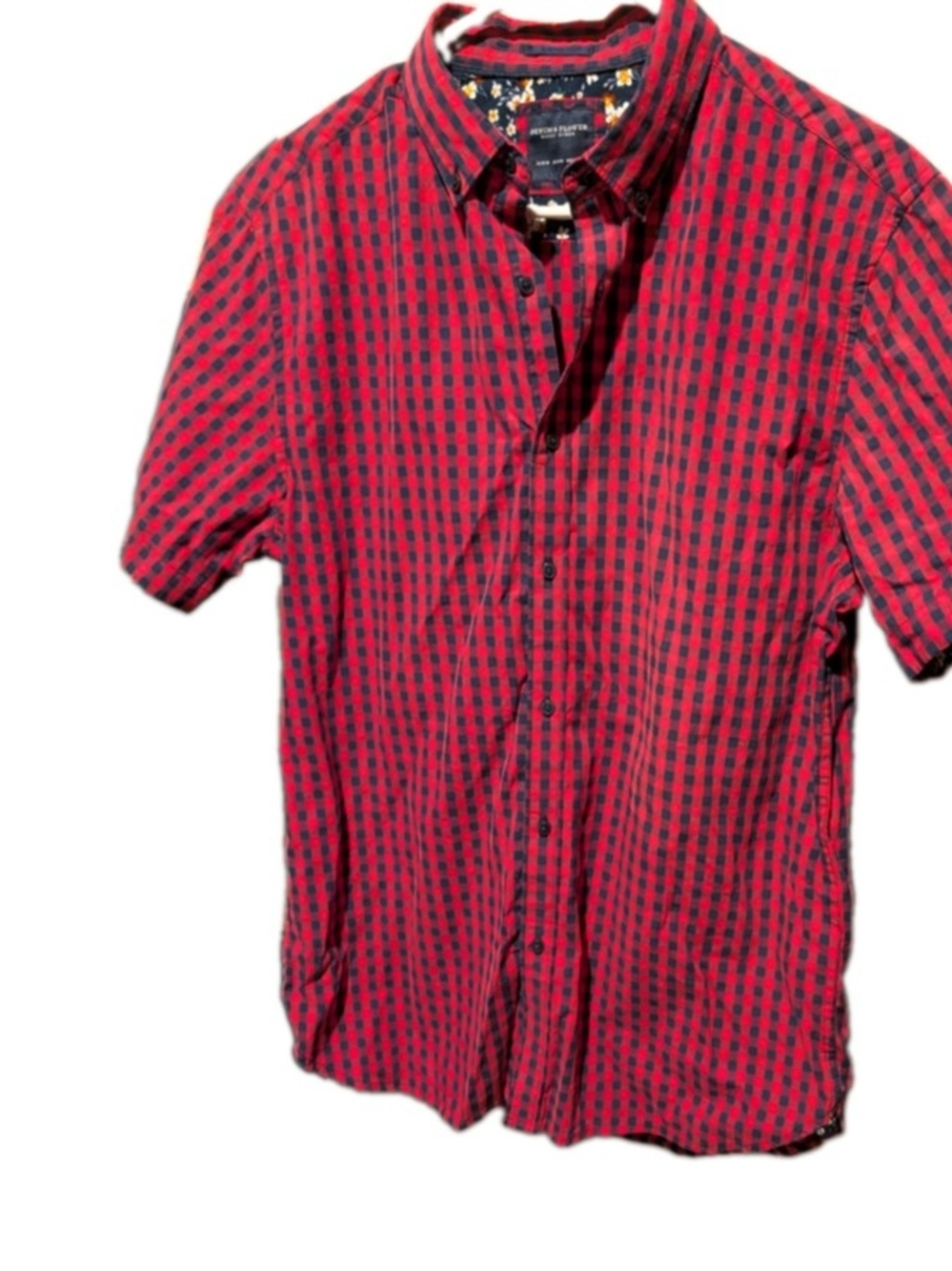 Denim & Flower Mens Red Navy Gingham Plaid Short Sleeve Button Down Shirt M
